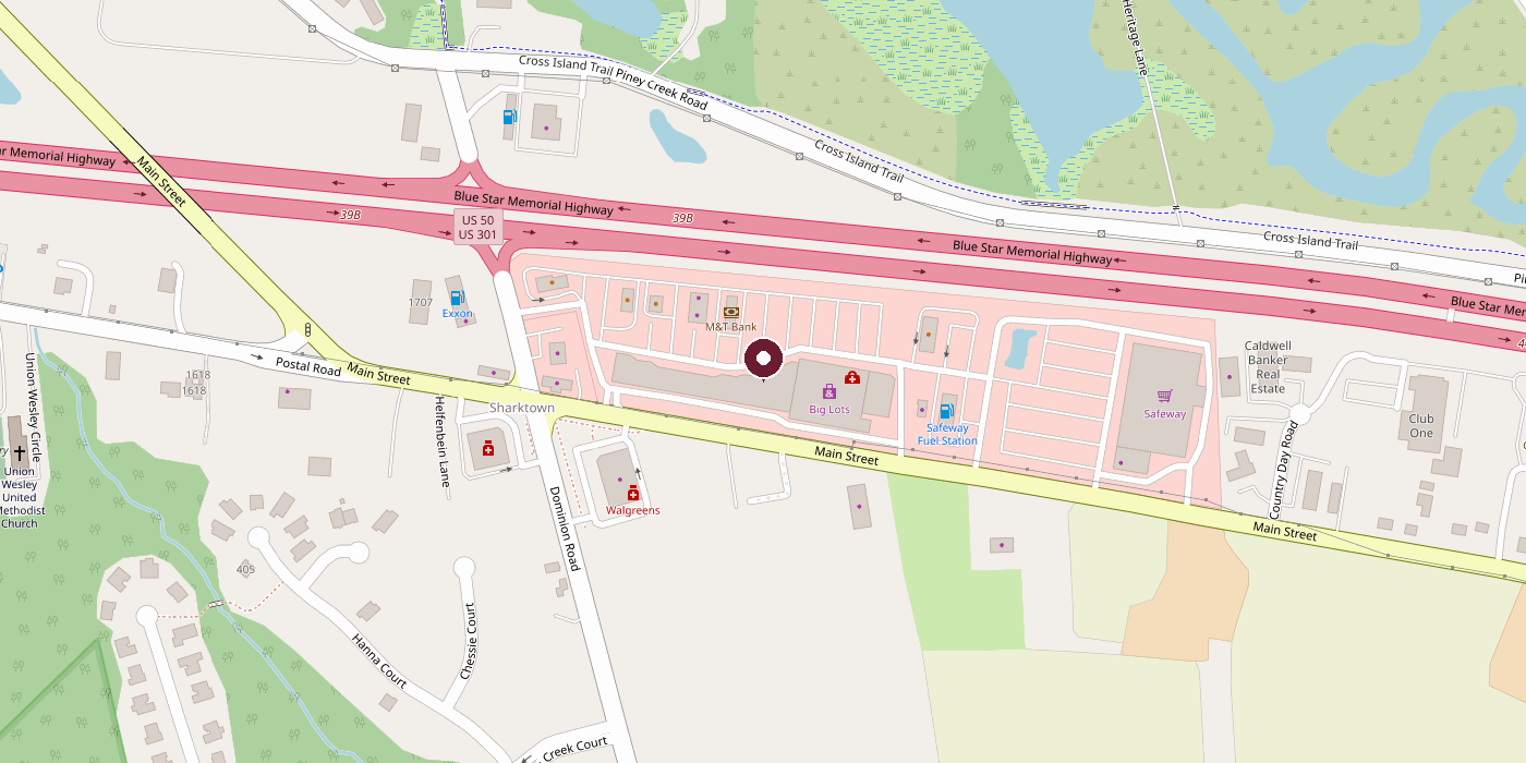Map of Kent Town Market plaza in Chester, Maryland, just south of Route 50 on Main Street, with Kent Towne Liquors marked between the Safeway and Big Lots.